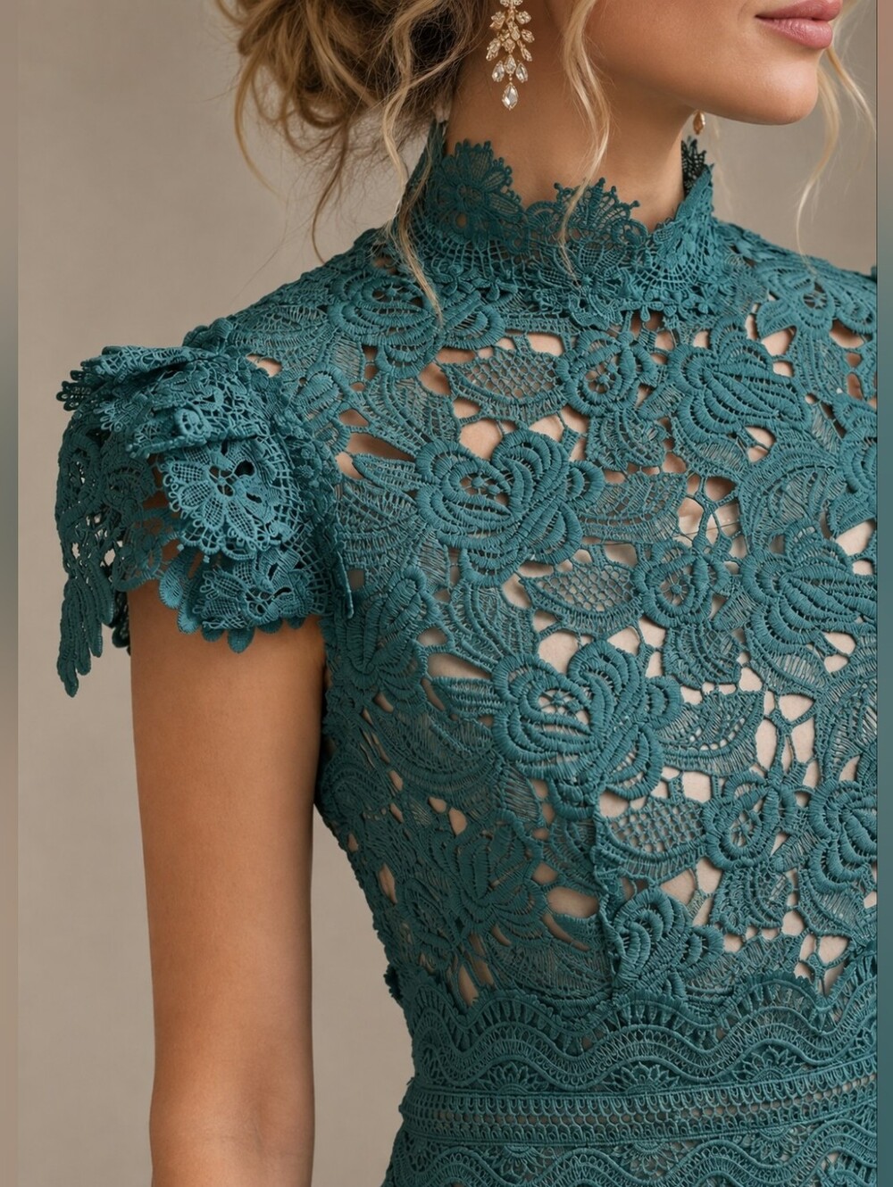 New Luxe Teal Lace Asymmetrical Maxi Dress Short Sleeve Stand Collar